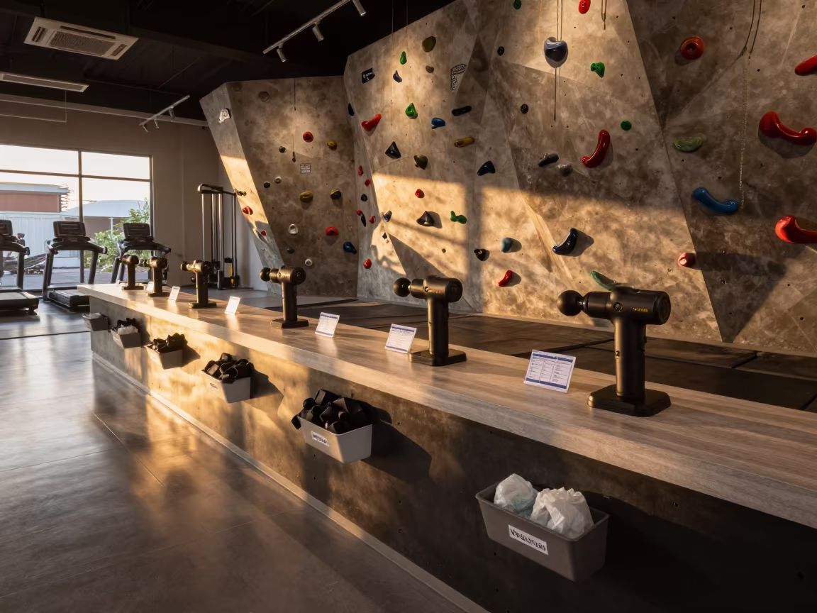 Sunset Recovery Counter With Massage Gun Docks in inside a climbing gym warmup zone near Denpasar