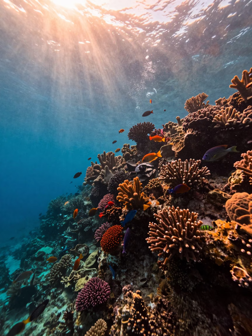 Sunset Reef Wall Stone Town Underwater Fish in along a coral wall with blue water beyond near Stone Town