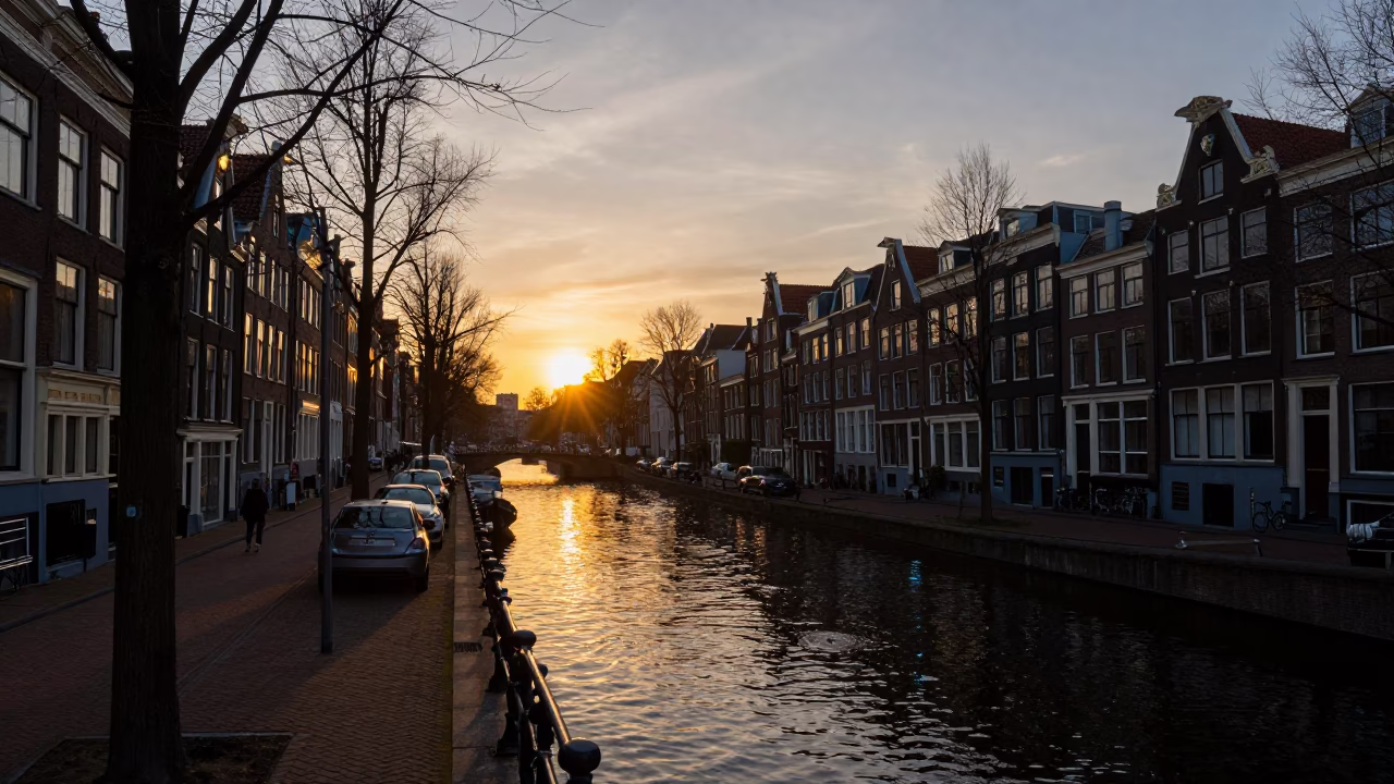 Sunset Reflection in Amsterdam at As The Sun Drops Toward The Horizon in in Amsterdam, Netherlands