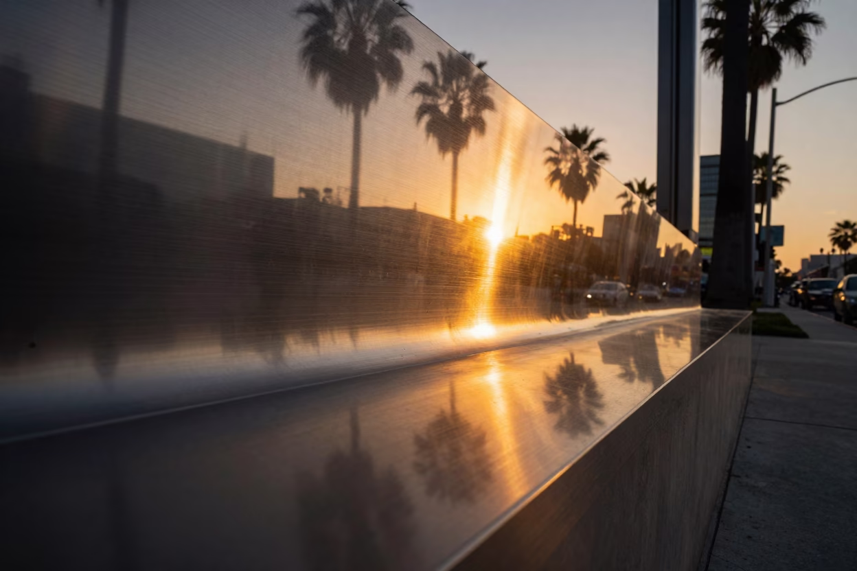 Sunset Reflection on Brushed Steel Los Angeles Street Scene in in Los Angeles, California, United States