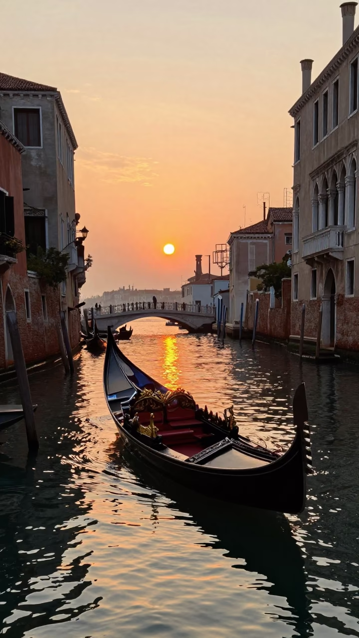 Sunset reflection on Venetian canal with gondola and historic palace facade in in Venice, Italy