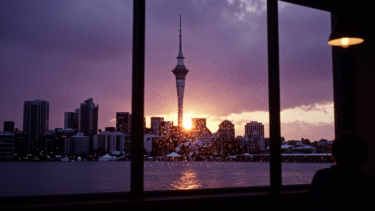 Sunset Reflections at As The Sun Drops Toward The Horizon in Auckland in in Auckland, New Zealand