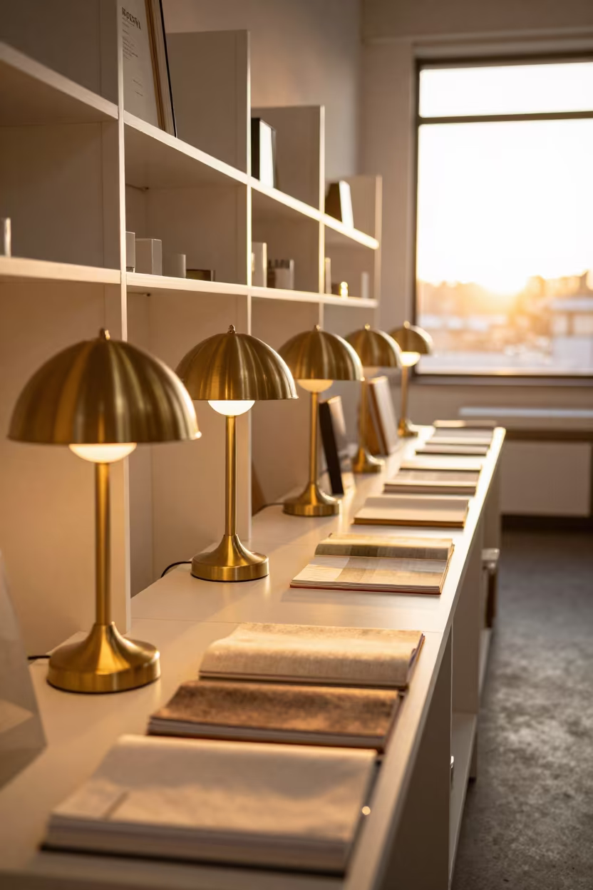 Sunset Reflections on Brass Lamps and Swatch Books in inside a bright retail aisle in Van