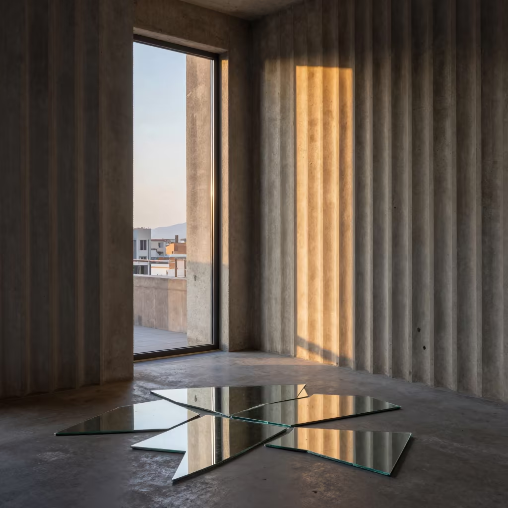 Sunset Reflections in Broken Mirror Shards in inside a ribbed concrete lobby in Cagliari