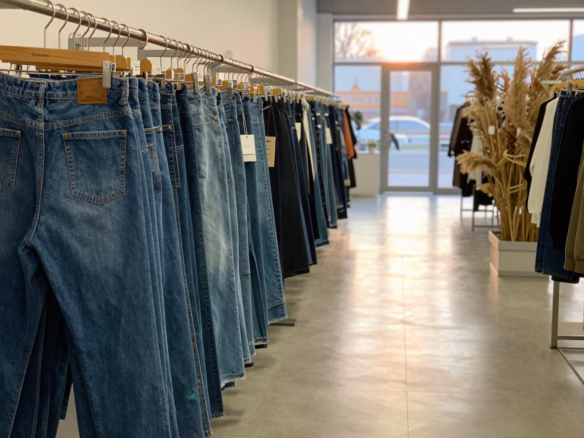 Sunset Reflections on Denim Rack in beside a seasonal endcap near the sales floor near Wa