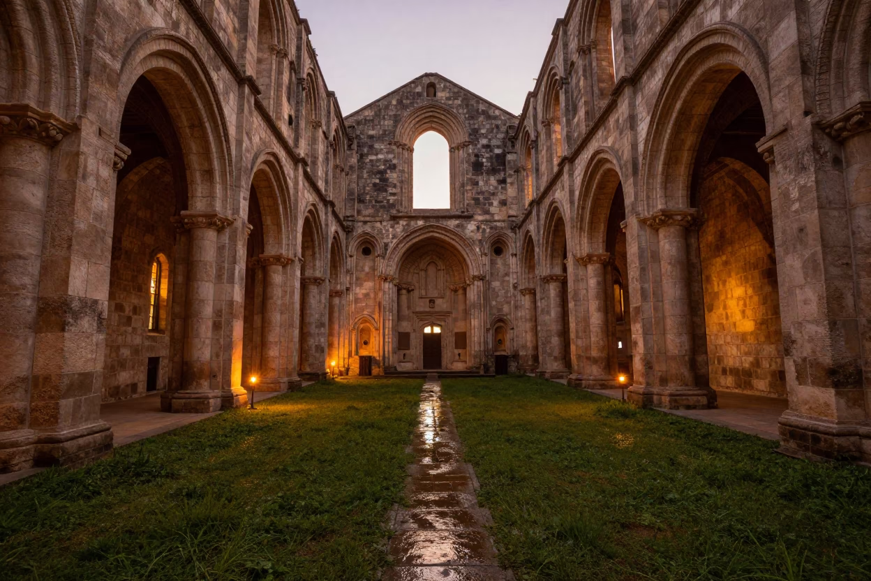 Sunset Reflections on Grass in Gondar Abbey Nave in inside a candlelit abbey nave in Gondar