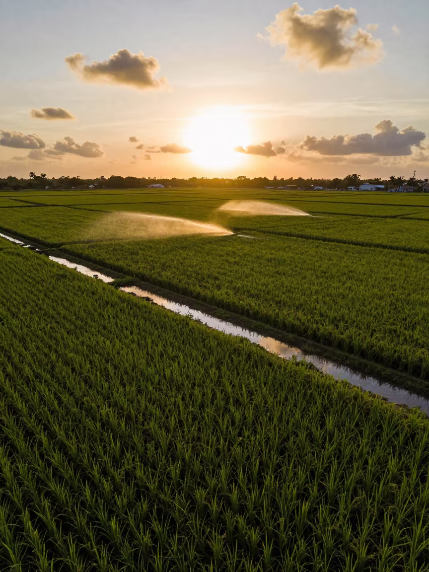 Sunset Reflections Over Havana Rice Paddies in along freshly irrigated rows near Habana Vieja, Havana