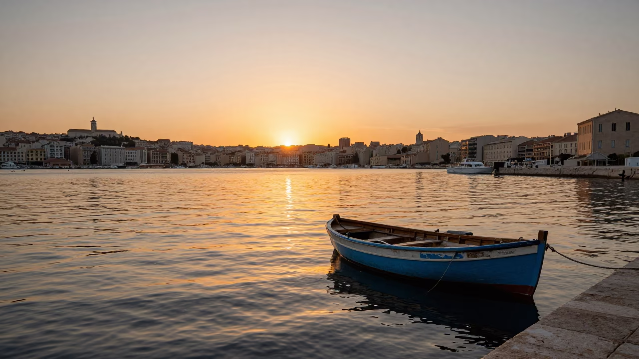 Sunset Reflections in Marseille at Sunset Light in in Marseille, France