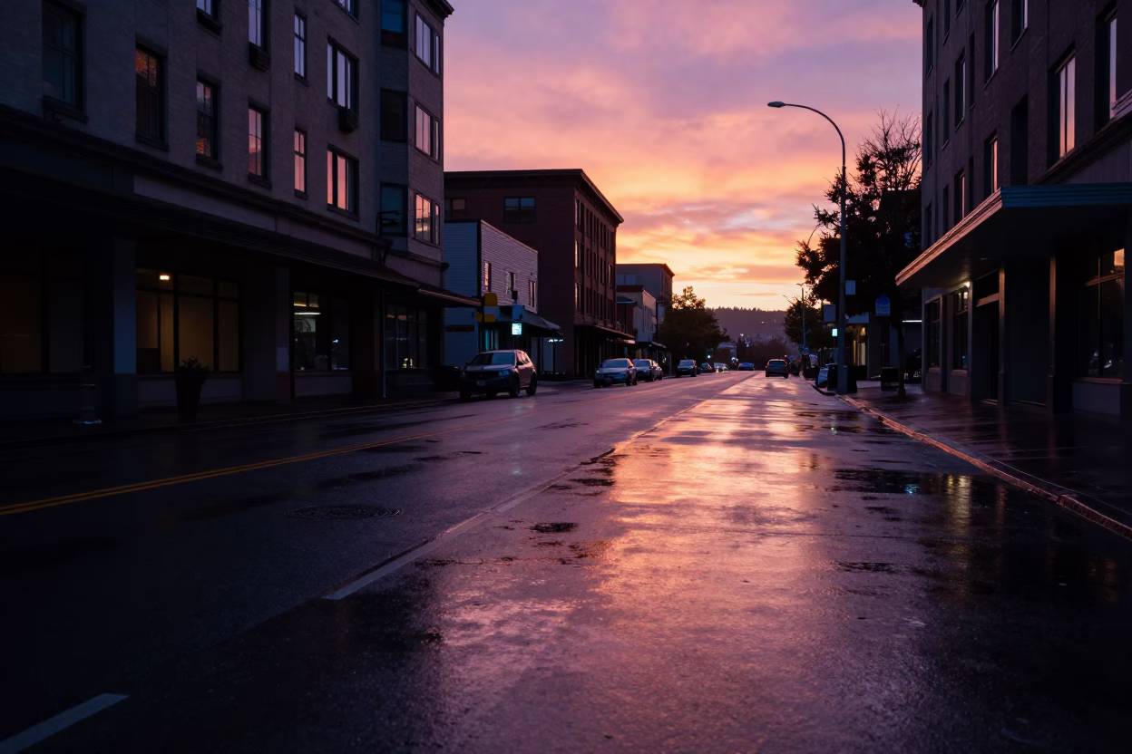 Sunset Reflections in Portland at Sunset Light in in Portland, Oregon, United States
