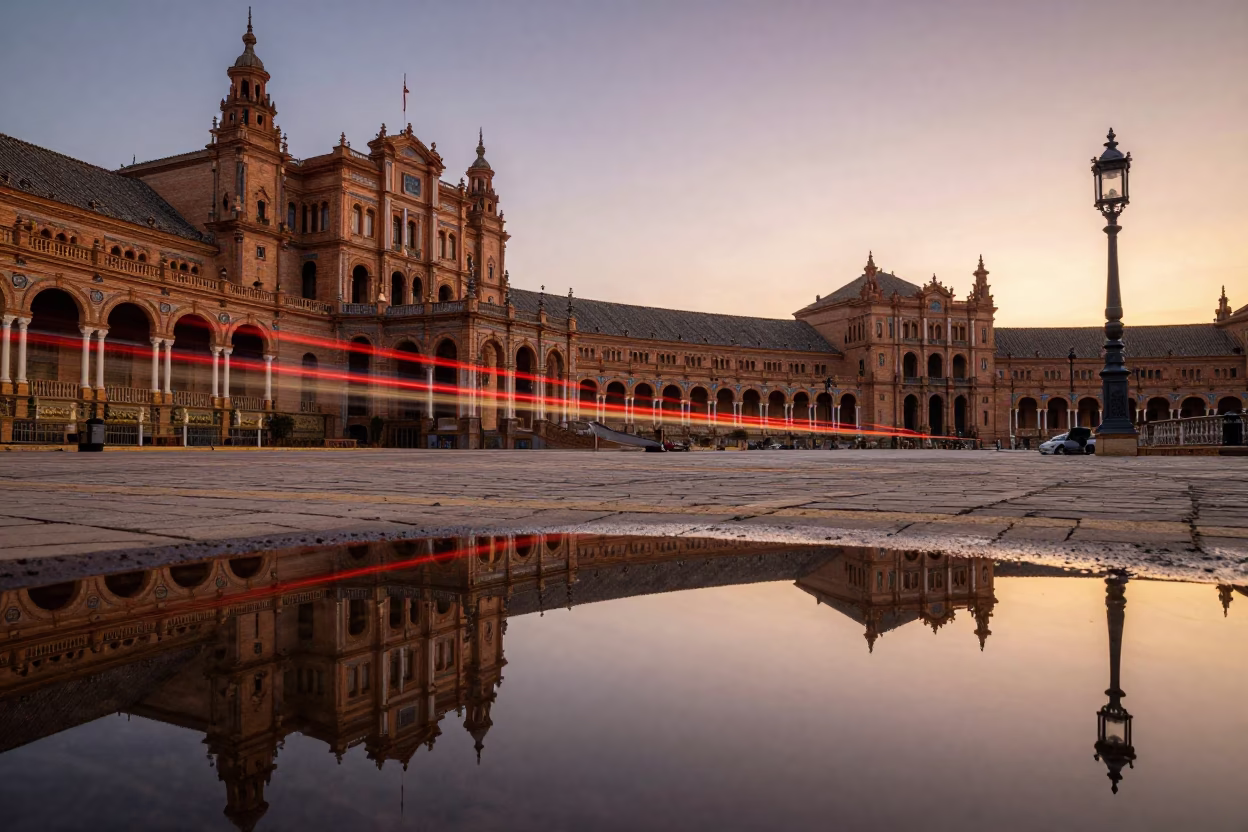 Sunset Reflections in Seville at Sunset Light in in Seville, Spain