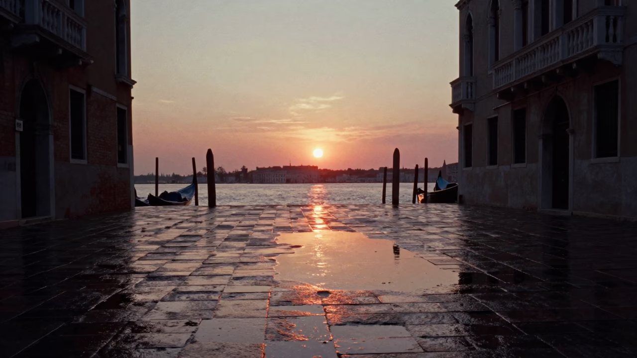 Sunset Reflections in Venice at As The Sun Drops Toward The Horizon in in Venice, Italy