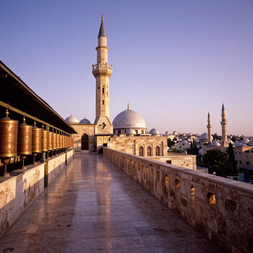 Sunset Reflections on Minaret Balcony in Amman in beside a prayer wheel corridor in Amman