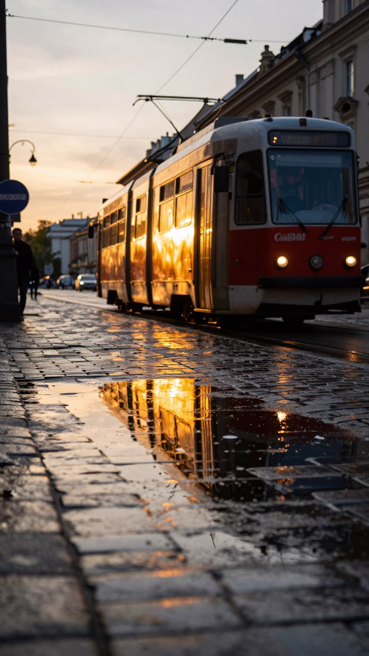 Sunset Reflections of a Krakow Tram on Wet Cobblestones Near Market Square in in Krakow, Poland