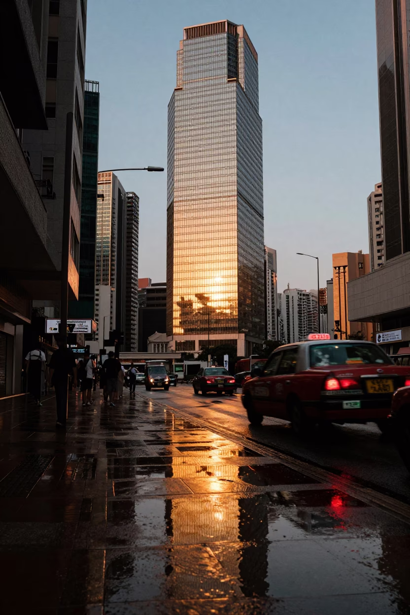 Sunset Reflections of Hong Kong High Rise Hotels and Tail Lights in Puddle in in Hong Kong, Hong Kong