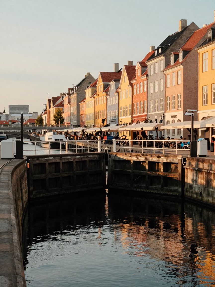 Sunset Reflections on Copenhagen Canal Lock with Wooden Gates and Brick Architecture in in Copenhagen, Denmark