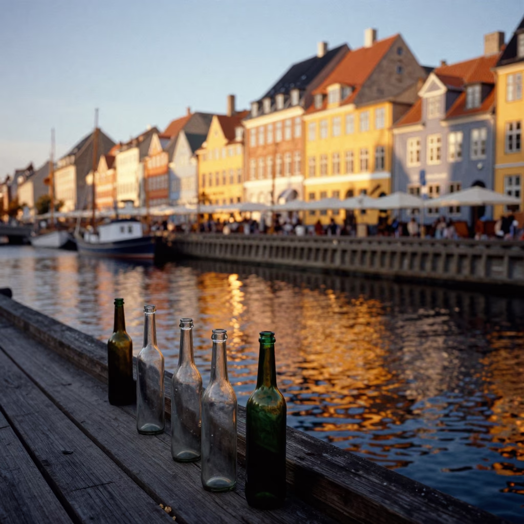Sunset Reflections on Copenhagen Waterfront with Glass Bottles and Urban Architecture in in Copenhagen, Denmark