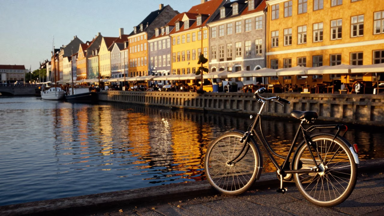 Sunset Reflections on Copenhagen Waterfront with Vintage Bicycle and Rusty Metal Details in in Copenhagen, Denmark
