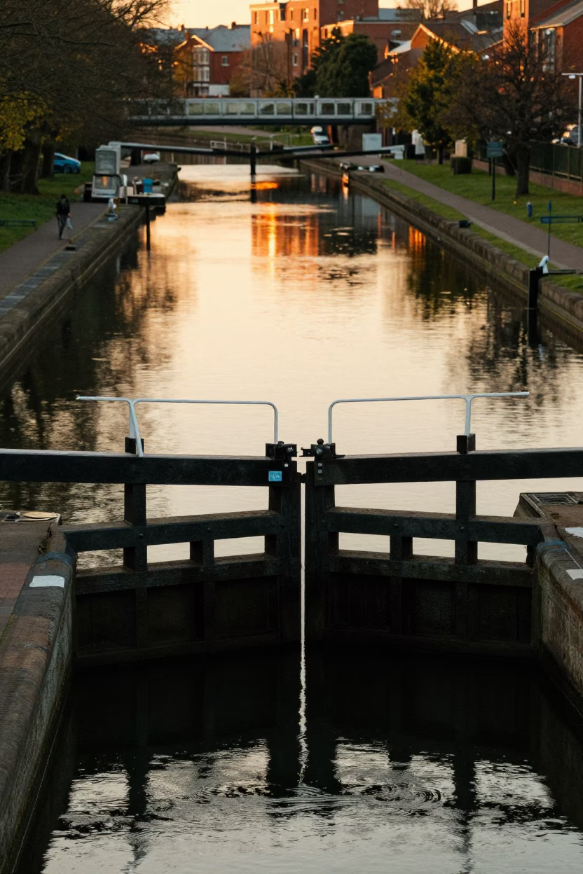 Sunset Reflections on Liverpool's Leeds Liverpool Canal Lock Gate with Water Tower in in Liverpool, United Kingdom