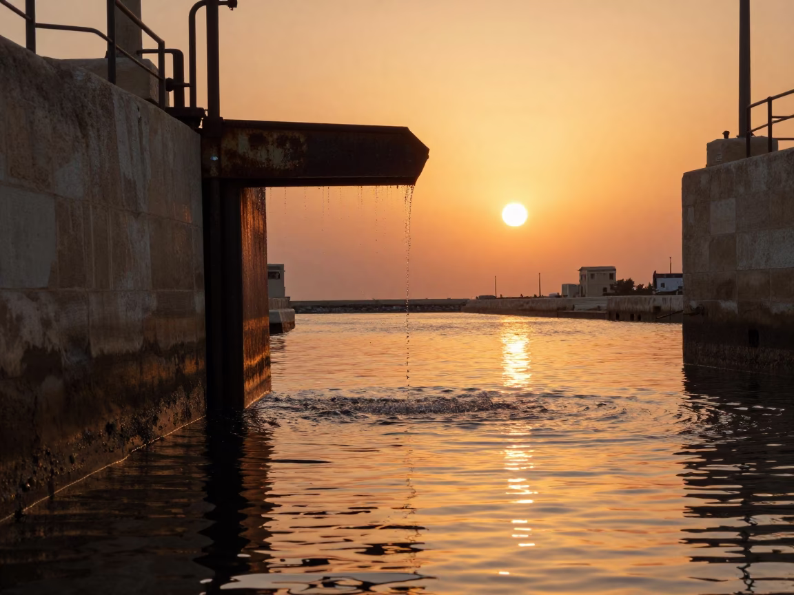 Sunset Reflections on Mediterranean Basin with Sluice Gate and Canal Edge in Alexandria Egypt in in Alexandria, Egypt
