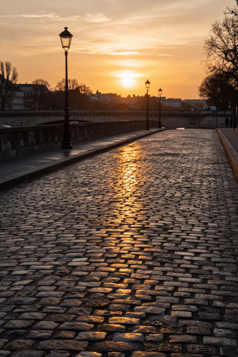 Sunset Reflections on Paris Cobblestones Near Seine Bridge Pier with Tramcar in in Paris, France
