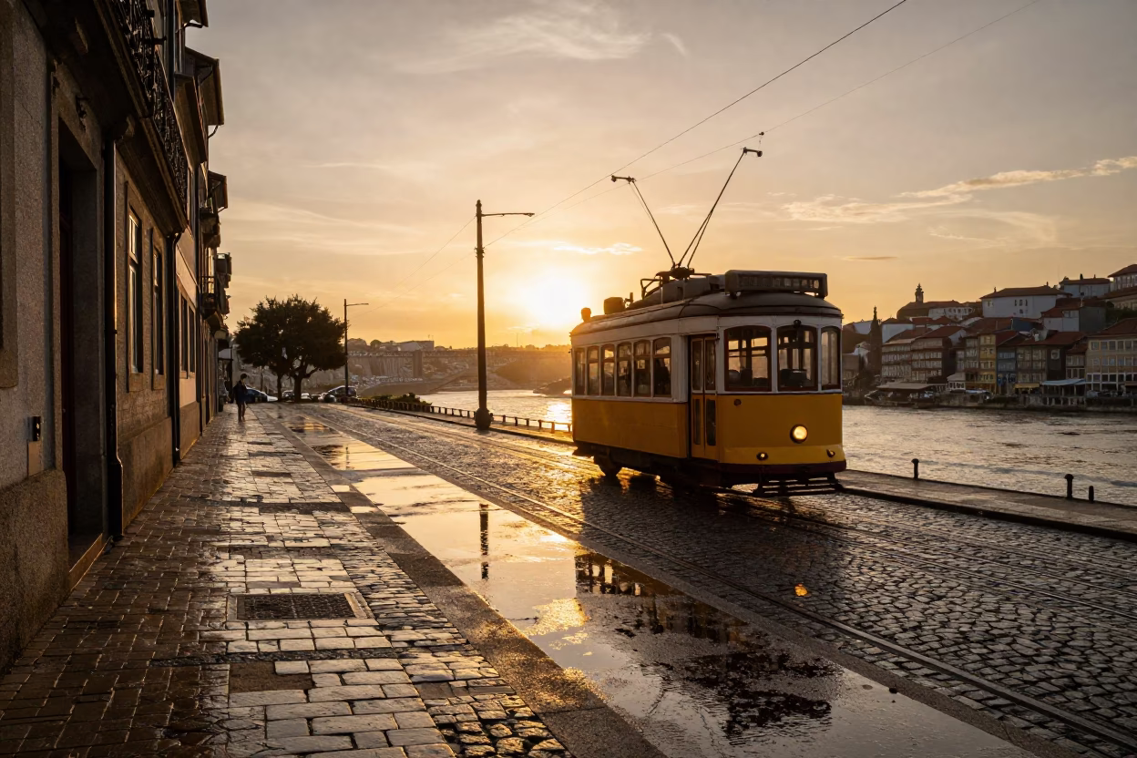 Sunset Reflections on Porto Cobblestones with Tramcar and Wet Footsteps in in Porto, Portugal