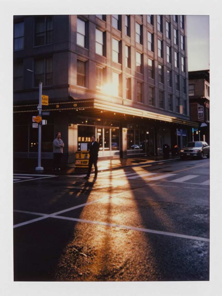 Sunset Reflections on Seattle Street with Valet Stand and Wet Pavement in in Seattle, Washington, United States