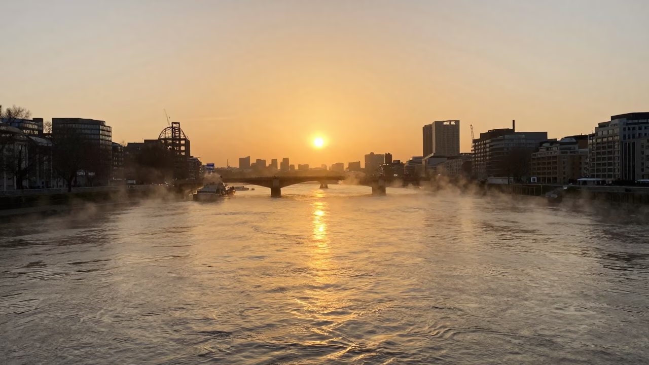 Sunset Reflections on Thames with Steam Haze and Colored Glass Bottle in in London, United Kingdom