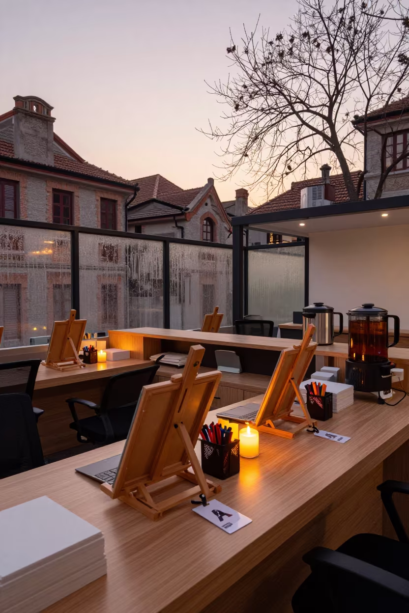 Sunset Reflections in Shanghai Conference Foyer in at an office reception desk in French Concession, Shanghai