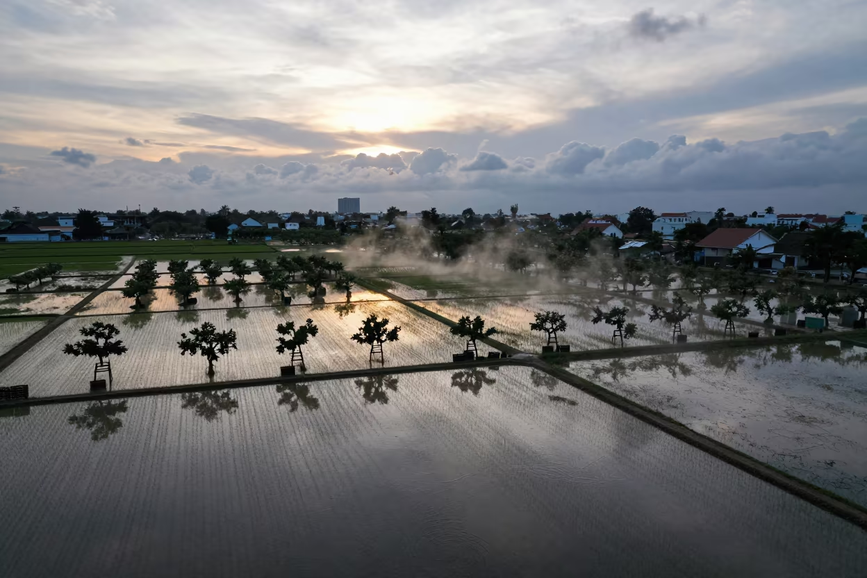 Sunset Rice Paddy Reflection Drone View in among orchard ladders and crates near Bui Vien, Ho Chi Minh City