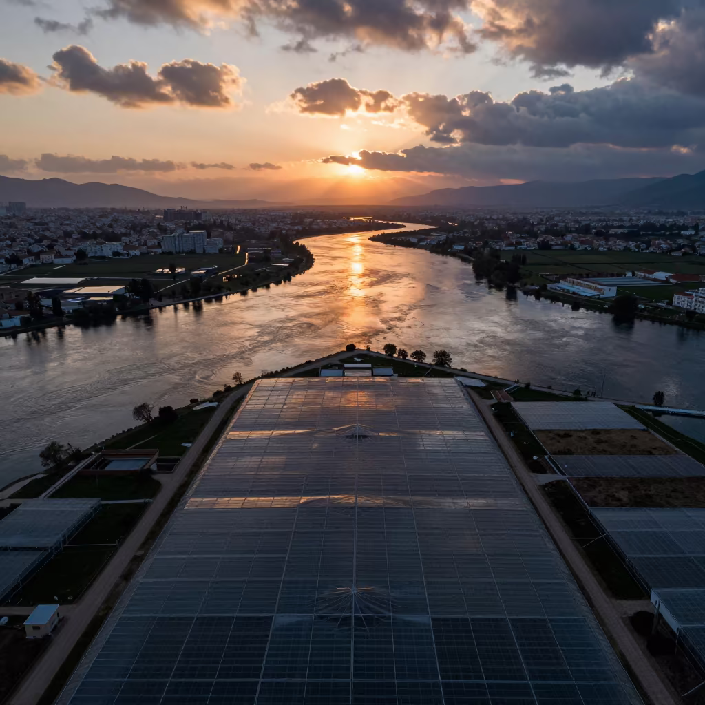 Sunset River Bend Reflecting Clouds Over Greenhouse Grids in high over greenhouse grids near Antalya