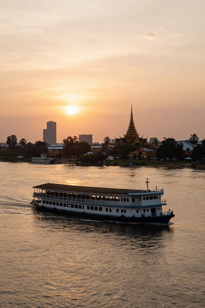 Sunset River Scene in Phnom Penh Cambodia with Steamboat and City Skyline in in Phnom Penh, Cambodia