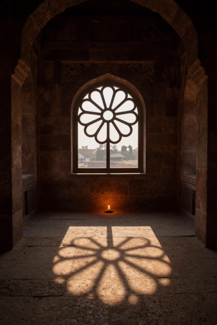 Sunset Rose Window Shadow on Stone Floor Kandhkot in inside a skylit passageway in Kandhkot