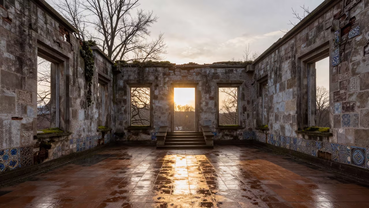 Sunset Ruined Castle Keep Tiled Stair Hall Gütersloh in inside a tiled stair hall in Gütersloh
