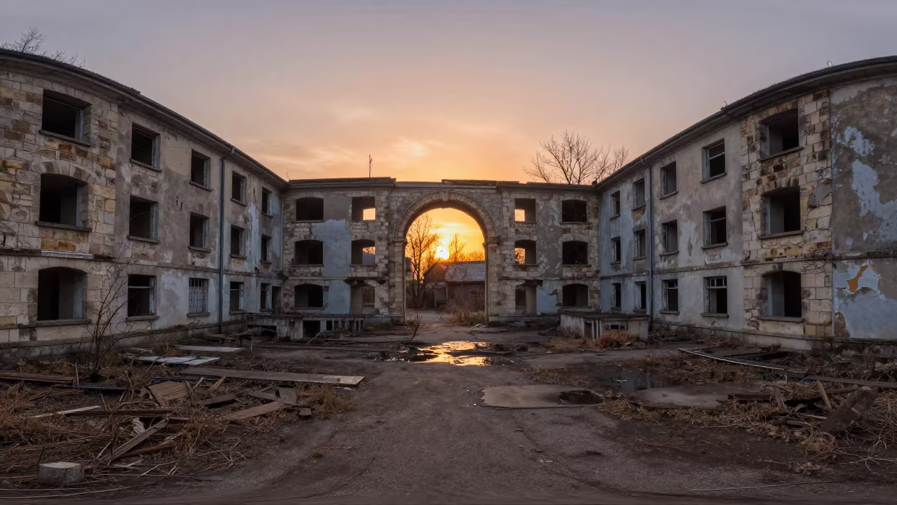 Sunset Ruins of French Workers Housing in beneath a broken stone arch in France