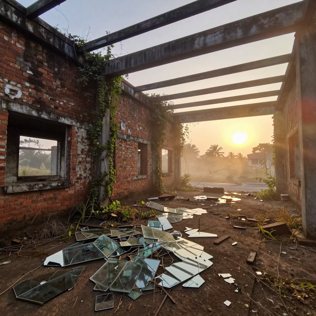Sunset Ruins of Negombo Bottling Plant with Shattered Glass in inside a roofless nave near Negombo