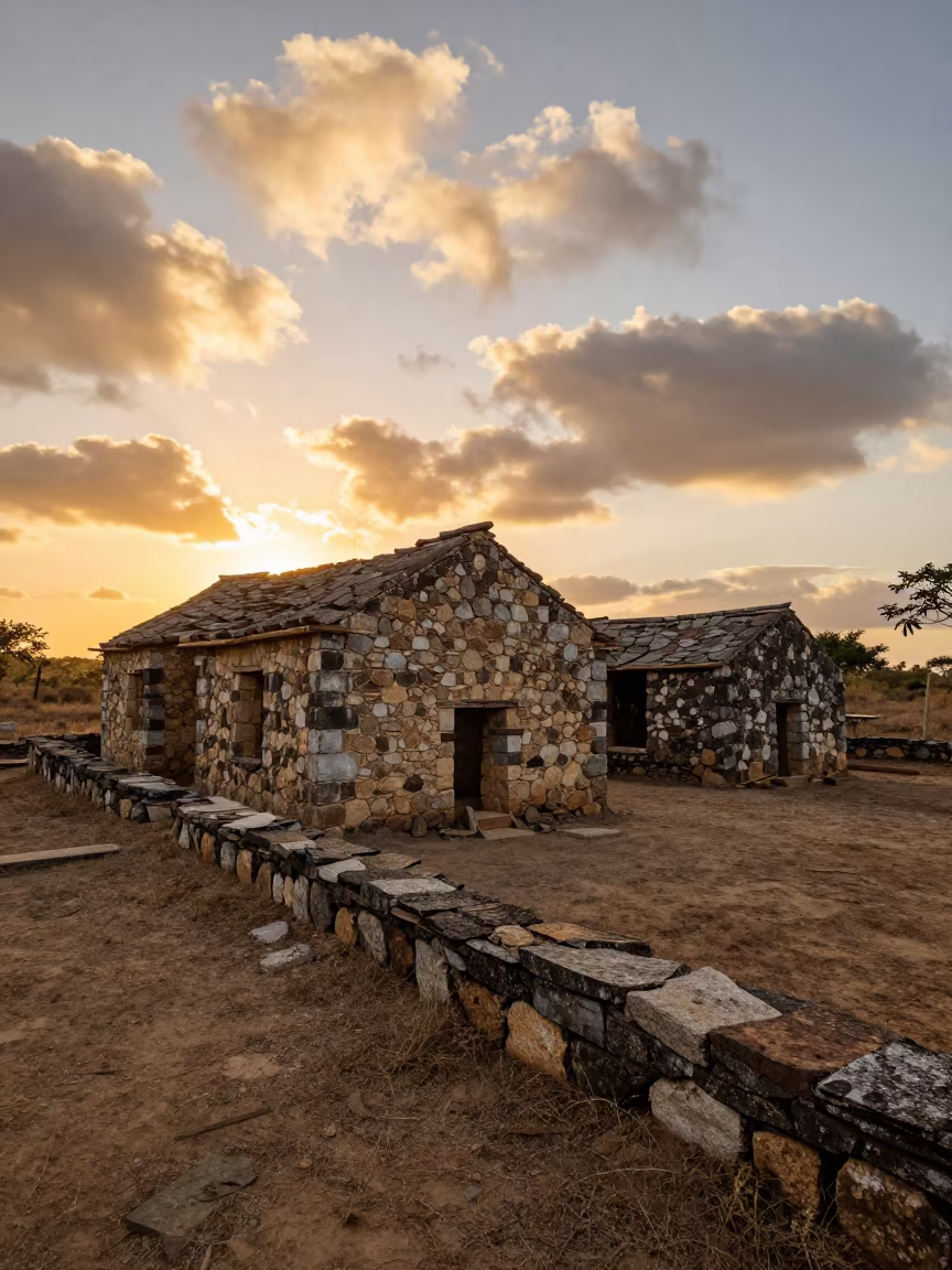 Sunset Ruins of Stone Farmhouse in Equatorial Guinea in among roofless stone chambers in Equatorial Guinea