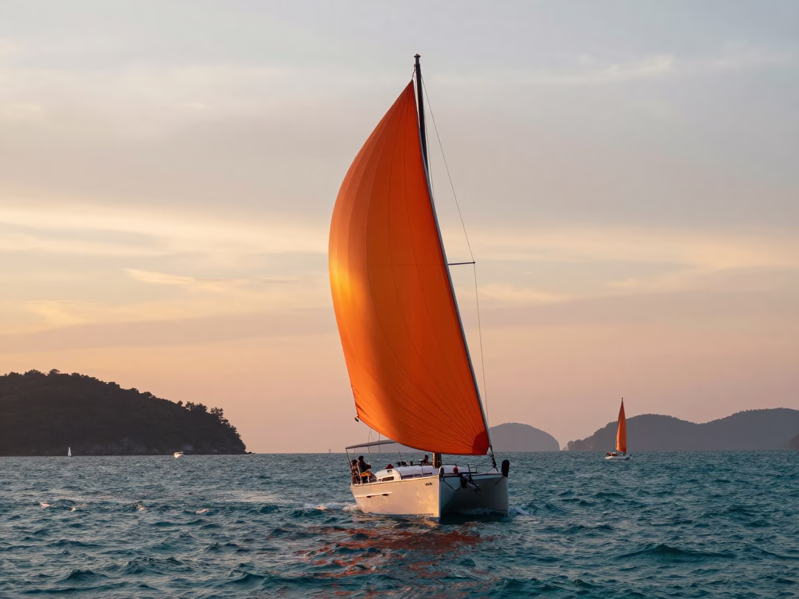 Sunset Sailboat with Spinnaker Over Phang Nga Bay Waters in Phuket Thailand in in Phuket, Thailand