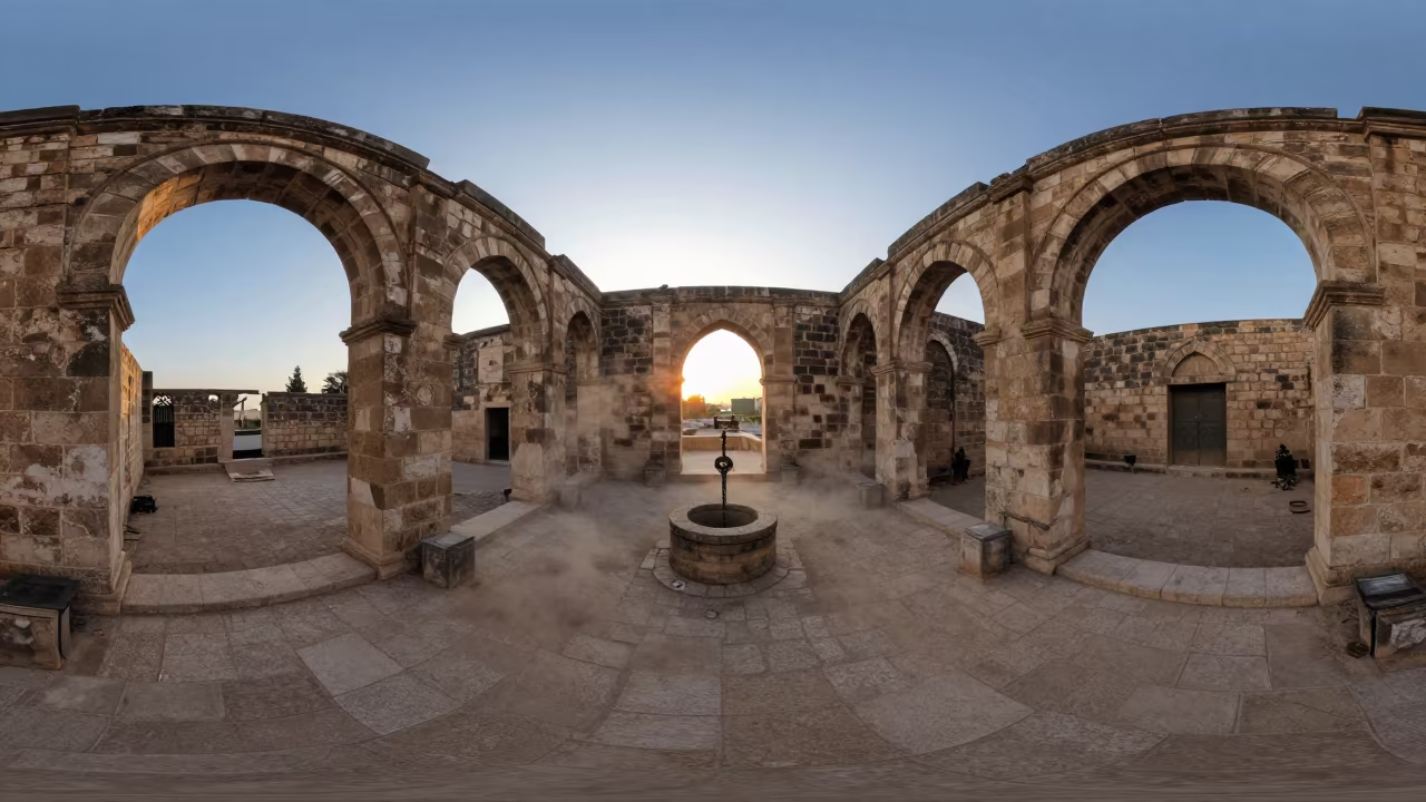 Sunset Light in Sana'a Monastic Cloister Ruins in beside a well in a monastic cloister in Sana'a