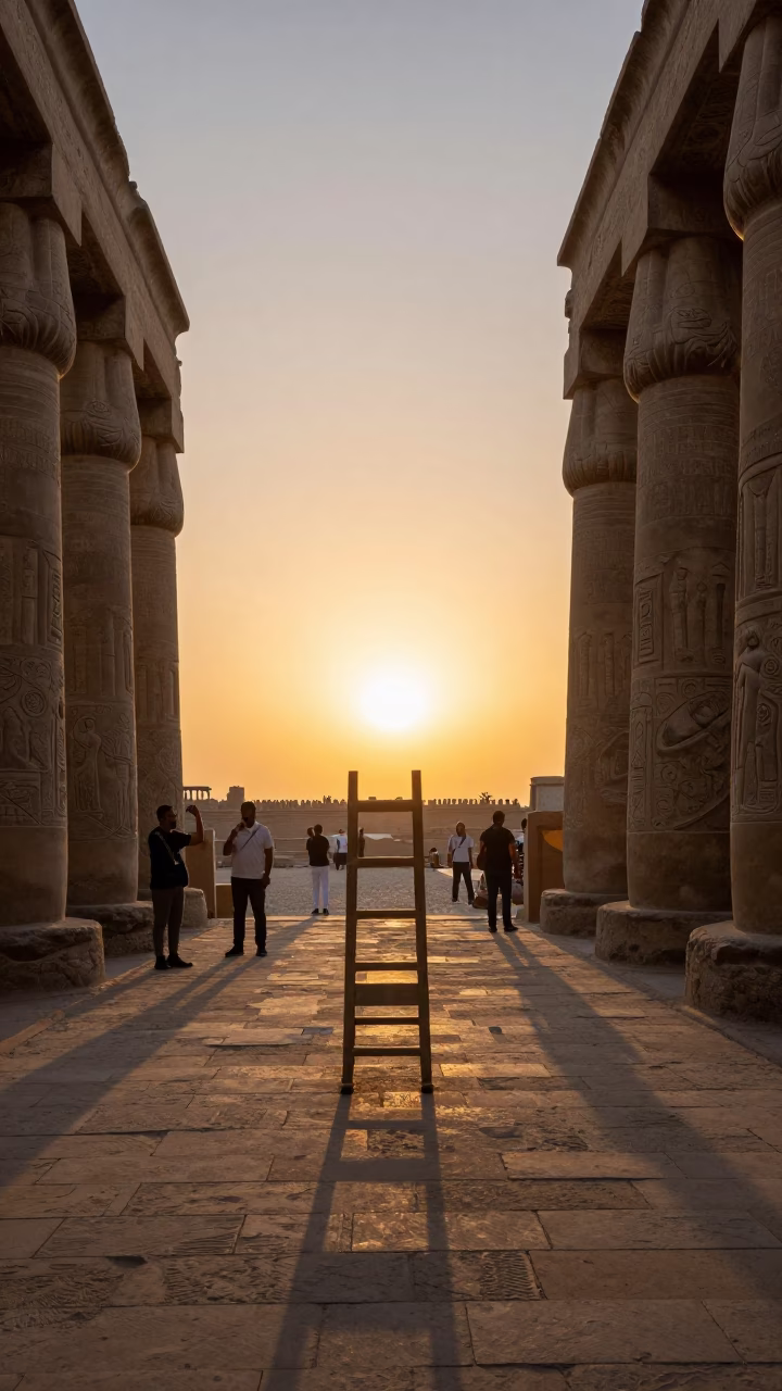 Sunset Scene at Luxor Temple with Tourists and Ladder-Back Chair in in Luxor, Egypt