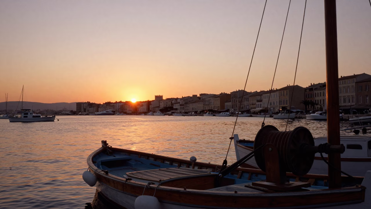 Sunset Scene at Marseille Vieux Port with Old Boat Pulley and Weathered Drain Details in in Marseille, France