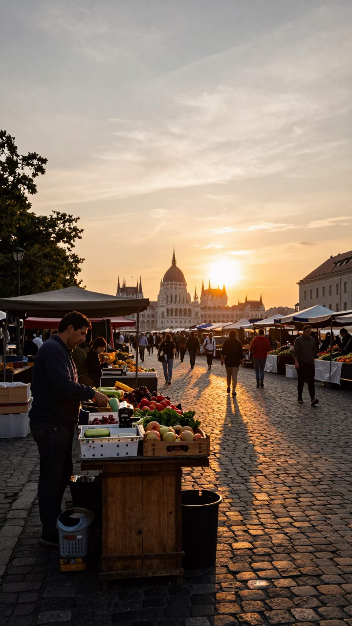 Sunset Scene in Budapest at As The Sun Drops Toward The Horizon in in Budapest, Hungary