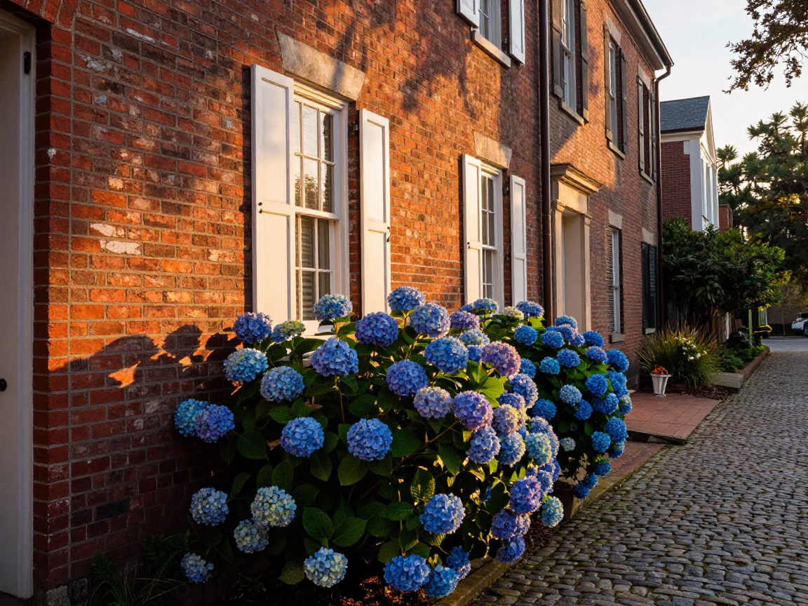 Sunset Scene in Charleston South Carolina with Blue Hydrangeas and Historic Brick Architecture in in Charleston, South Carolina, United States