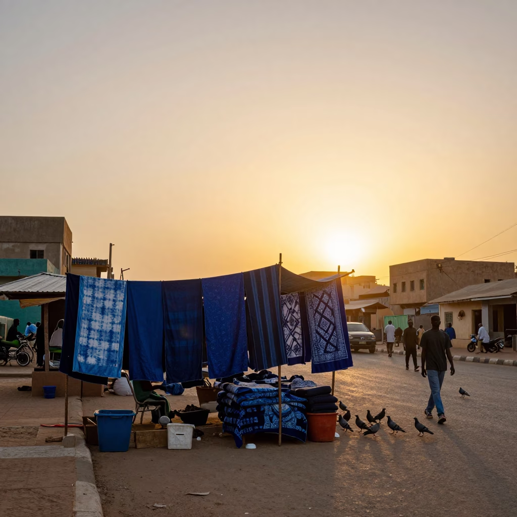 Sunset Scene in Dakar Senegal with Indigo Fabric and Pigeons in in Dakar, Senegal
