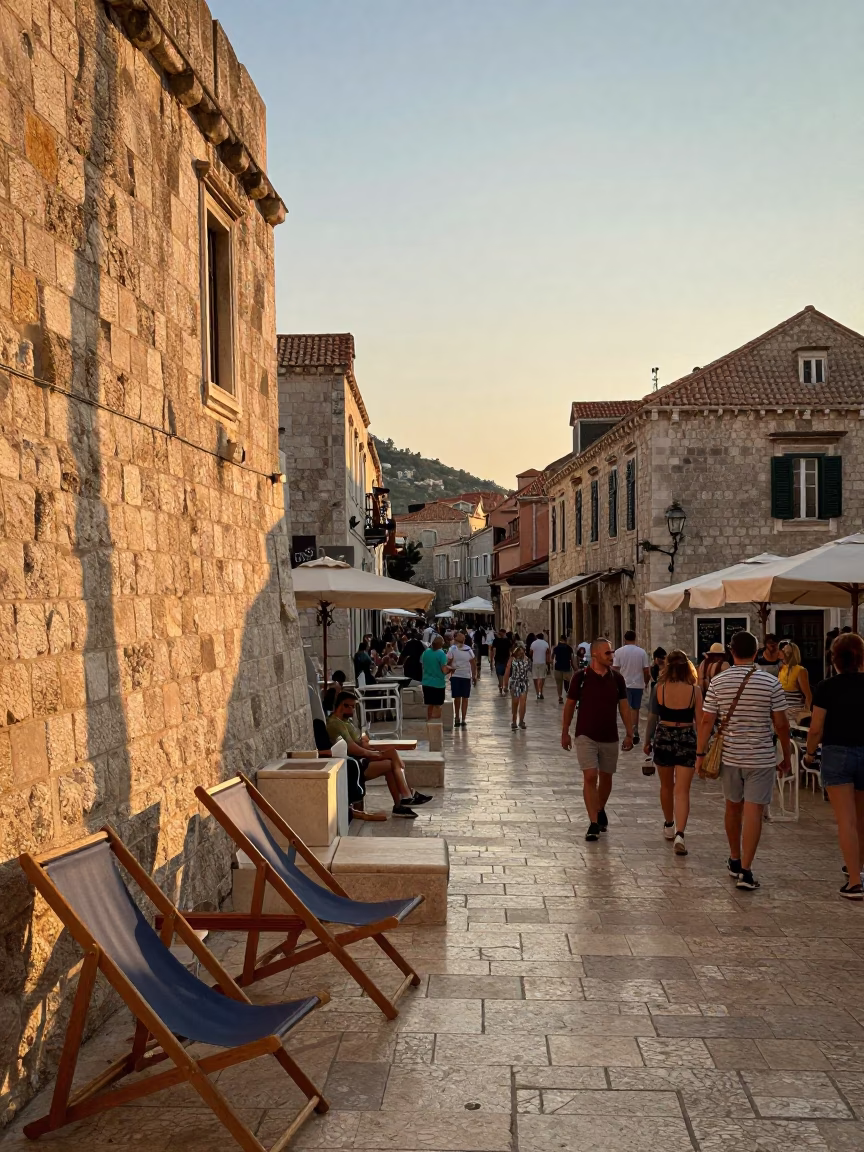 Sunset Scene in Dubrovnik Croatia with Deck Chairs and Local Street Life in in Dubrovnik, Croatia