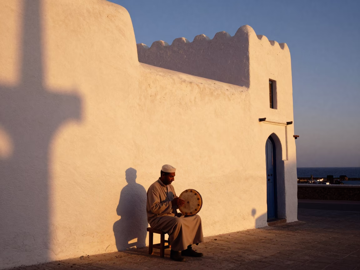 Sunset Scene in Essaouira Morocco with Traditional Tambourine and Coastal Architecture in in Essaouira, Morocco