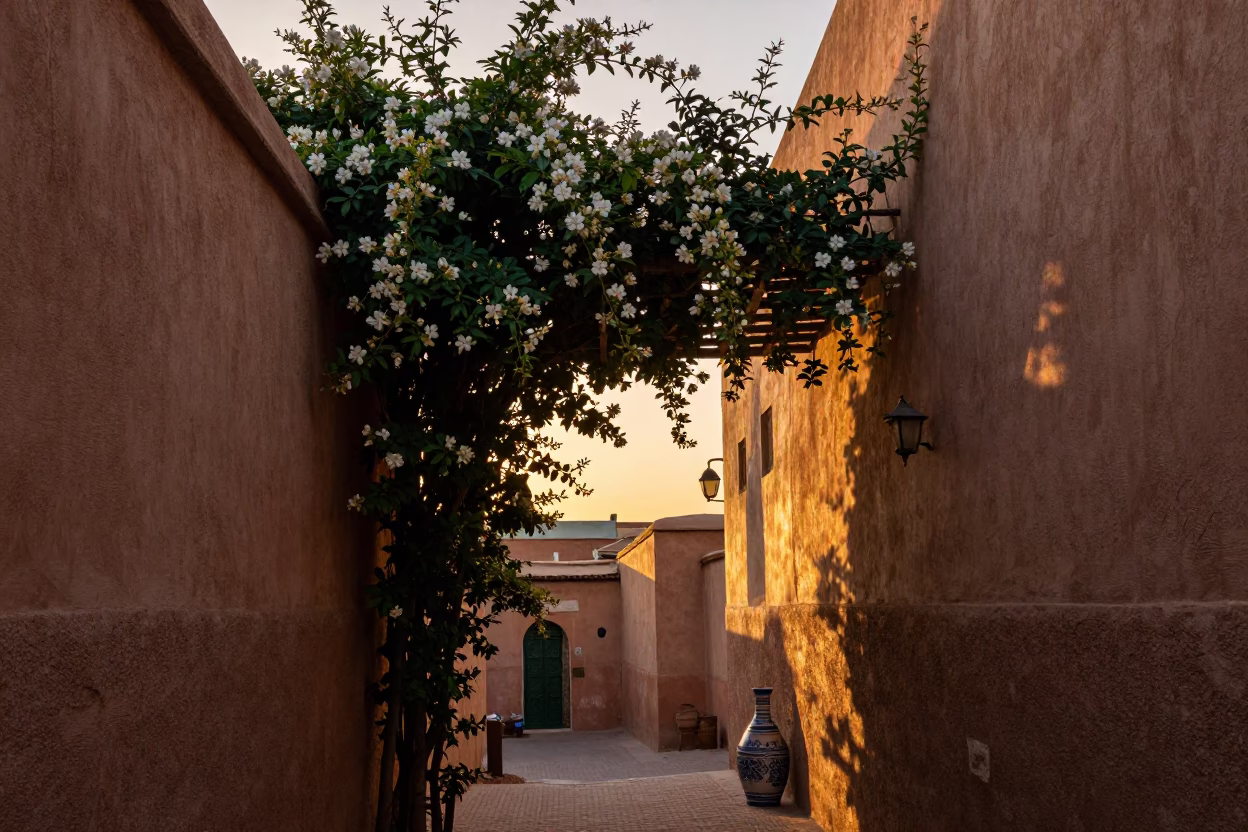 Sunset Scene in Fez Morocco With Jasmine Trellis and Traditional Ceramic Pottery in in Fez, Morocco