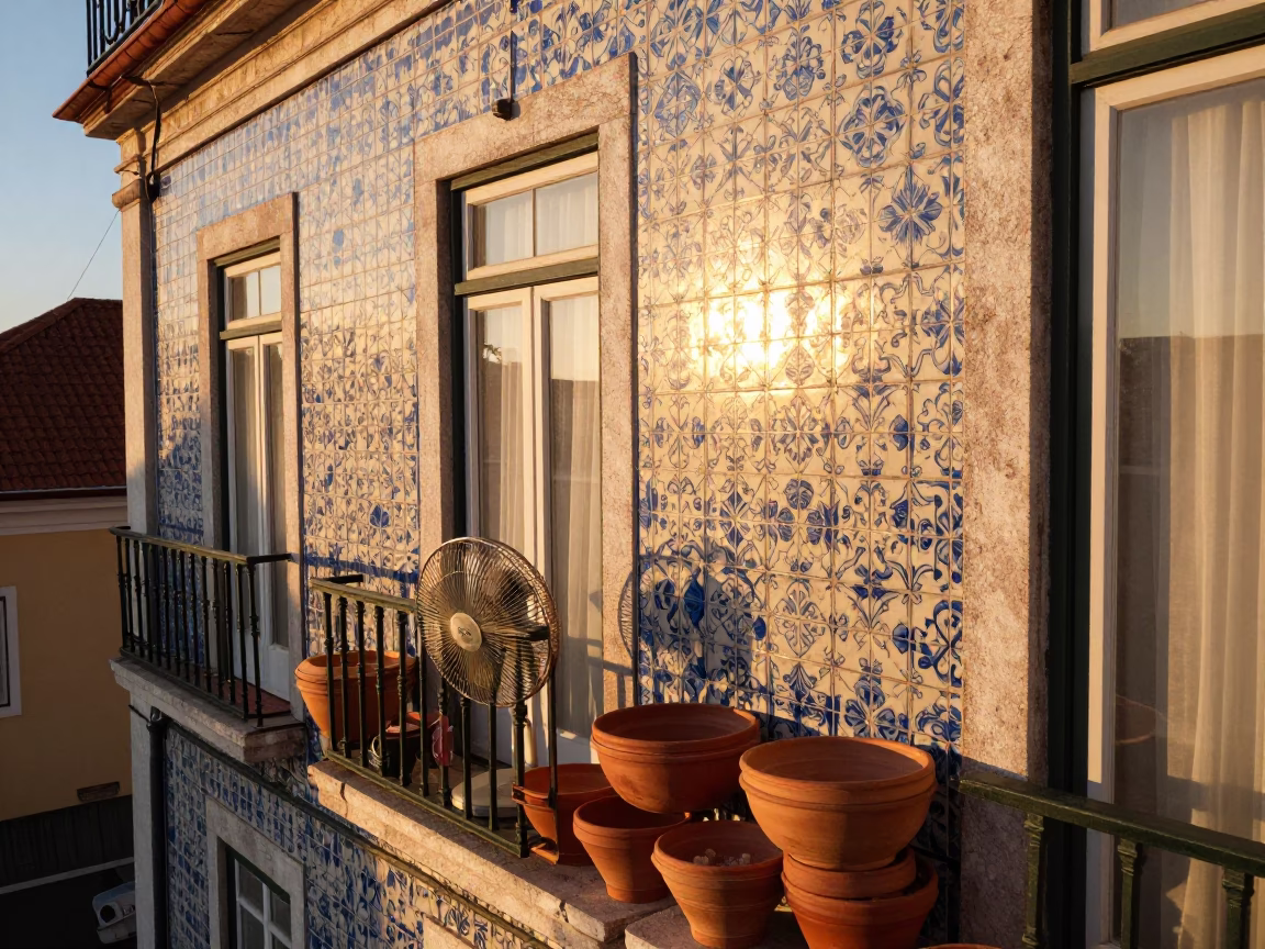 Sunset Scene in Lisbon Portugal with Terracotta Bowls and Table Fan on Traditional Balcony in in Lisbon, Portugal