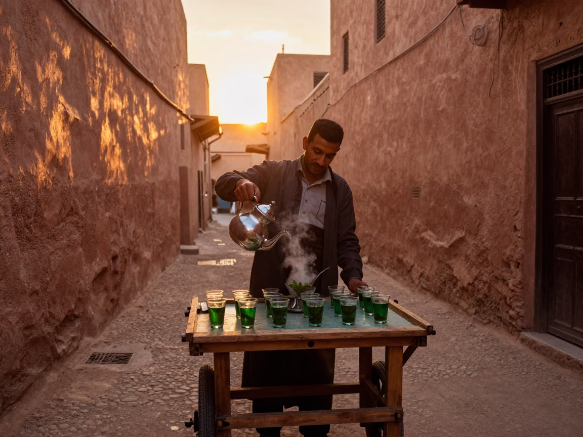 Sunset Scene in Marrakech Medina with Traditional Mint Tea and Olive Dish in in Marrakech, Morocco