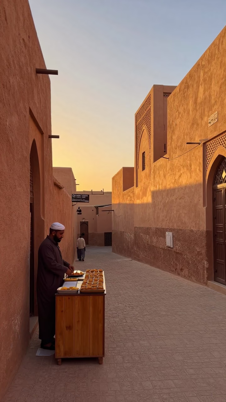 Sunset Scene in Marrakech Medina with Traditional Pastries and Local Market Activity in in Marrakech, Morocco