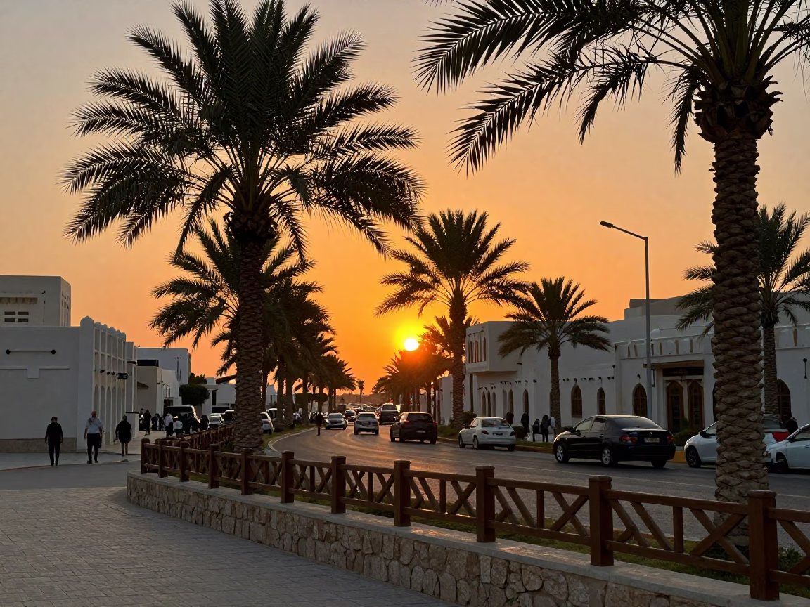 Sunset Scene in Muscat Oman with Palm Tree Avenue and Traditional Peg Rails in in Muscat, Oman